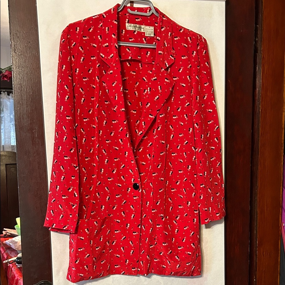 vintage 80s silk blazer guitar print liz claiborne red jacket size 8